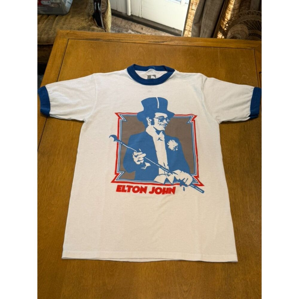 Elton John Graphic Ringer T-Shirt White Blue Size Small
